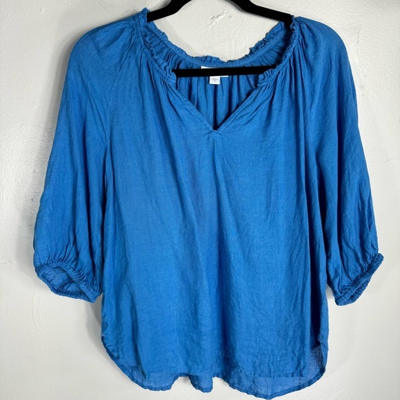 J JILL 100% linen blue Boho blouse puff sleeve boho top oversized loose fit XS - Picture 2 of 10